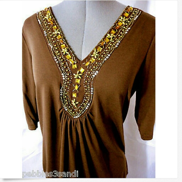New PRIMETIME Beaded Top 3X Brown Gold tunic t-shirt - Picture 4 of 4